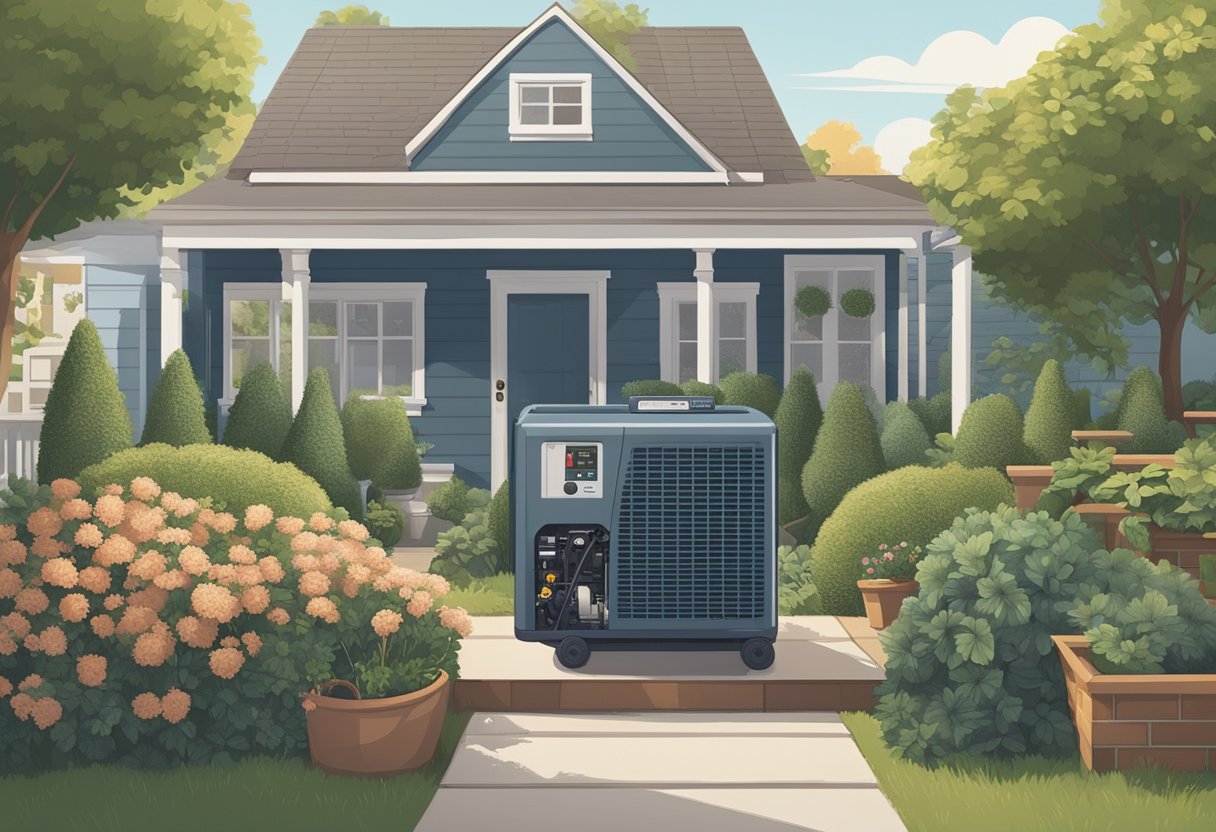 generator outside of a house surrounded by the garden