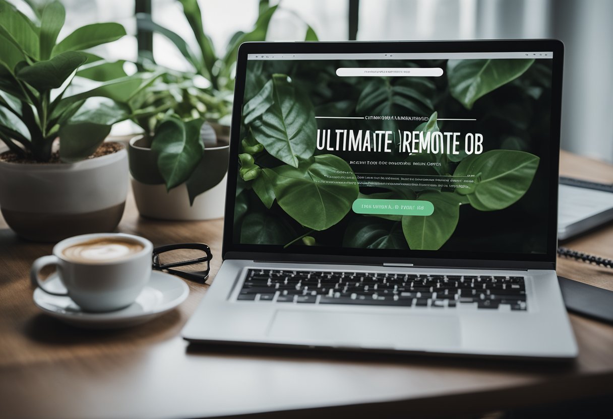 A laptop computer sits open on a desk next to a cup of coffee saying "Ultimate remote jobs".