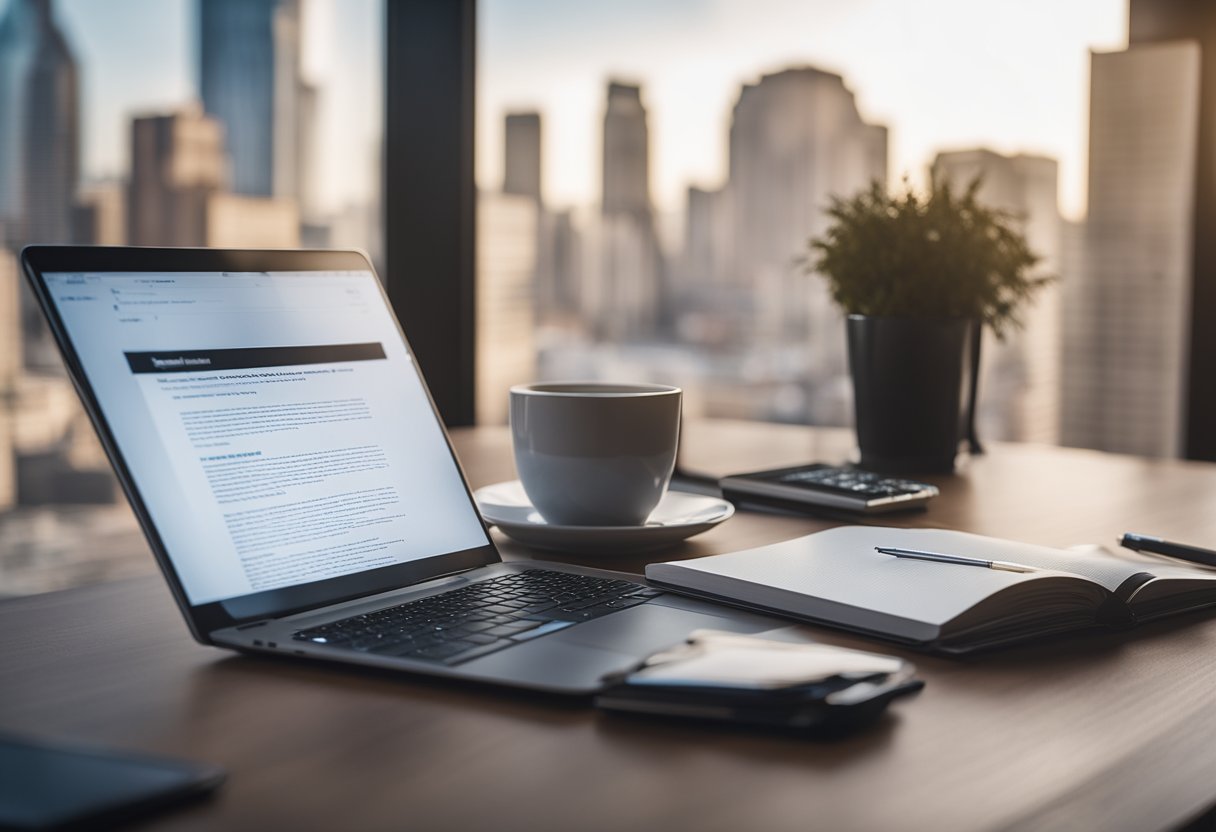 A laptop computer sits open on a desk next to a cup of coffee, a pen, and a notebook