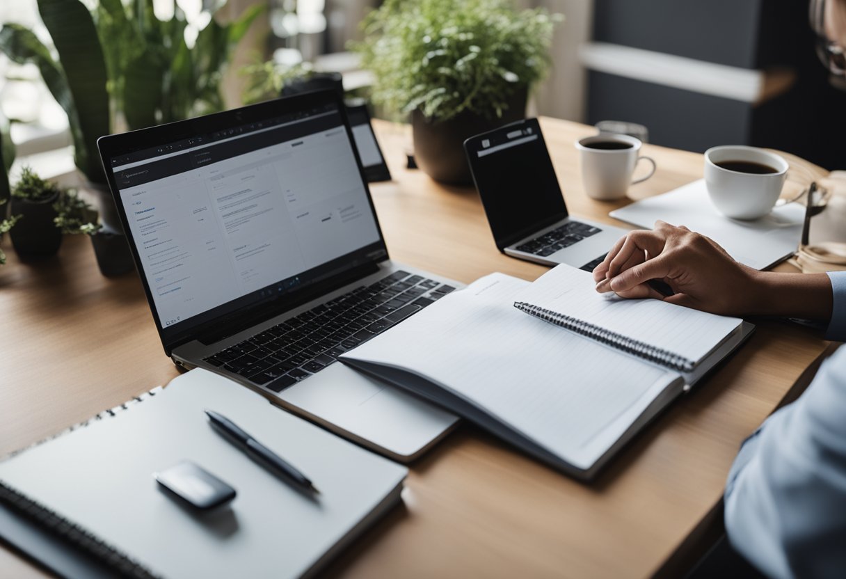 A laptop computer sits open on a desk next to a cup of coffee, a pen, and notepads to write data on it.