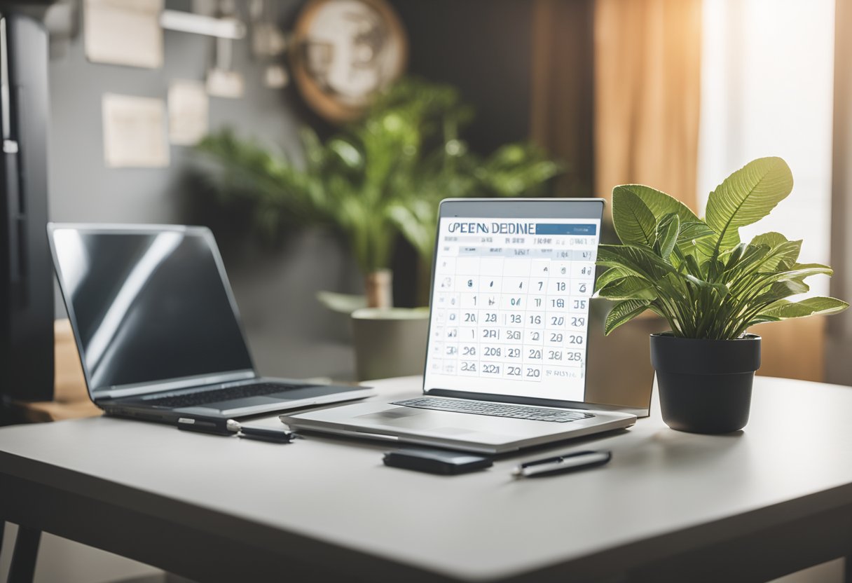 The laptop sits on a wooden desk with a potted plant next to it.