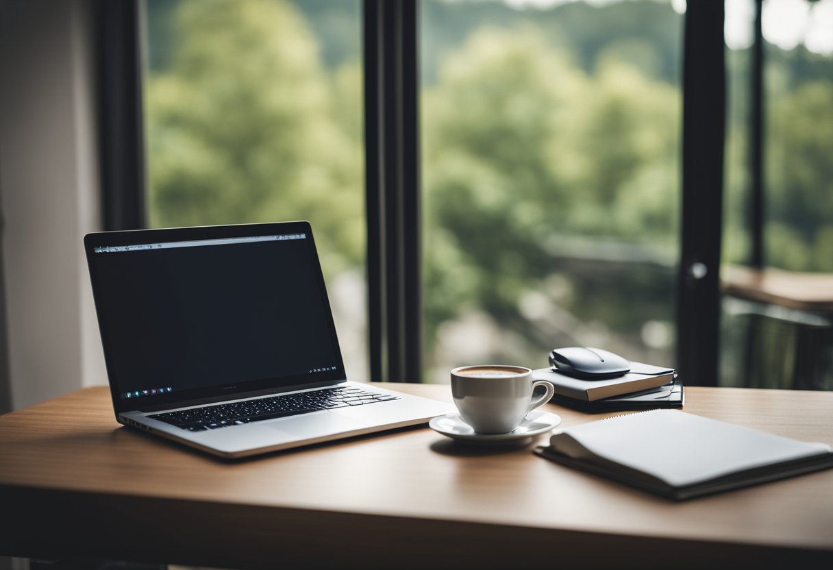 A laptop sits on a well-organized desk with a drink, pen, and notepad for note-taking.