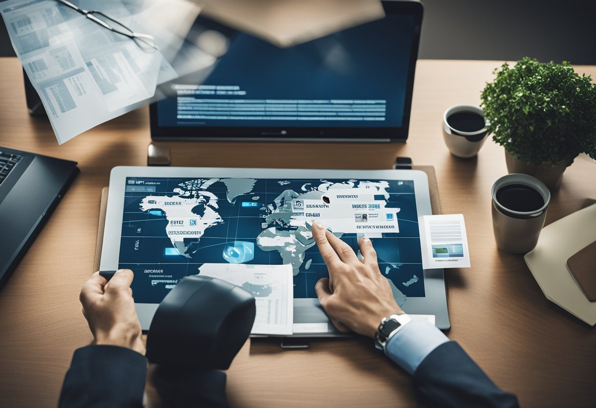 A person analyzing global data on a tablet with documents and laptops on a desk.