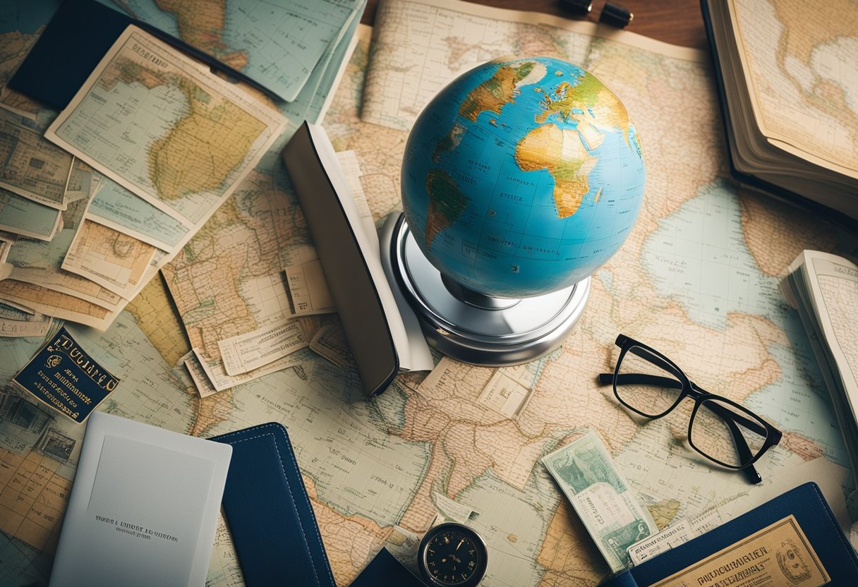 Upside view of desk with a globe, glasses and various map scattered around.