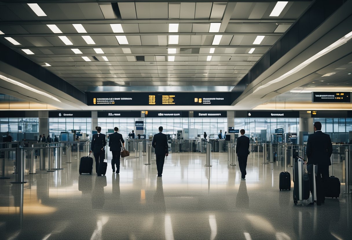 An airport walkway with passengers walking carrying their suitcases.