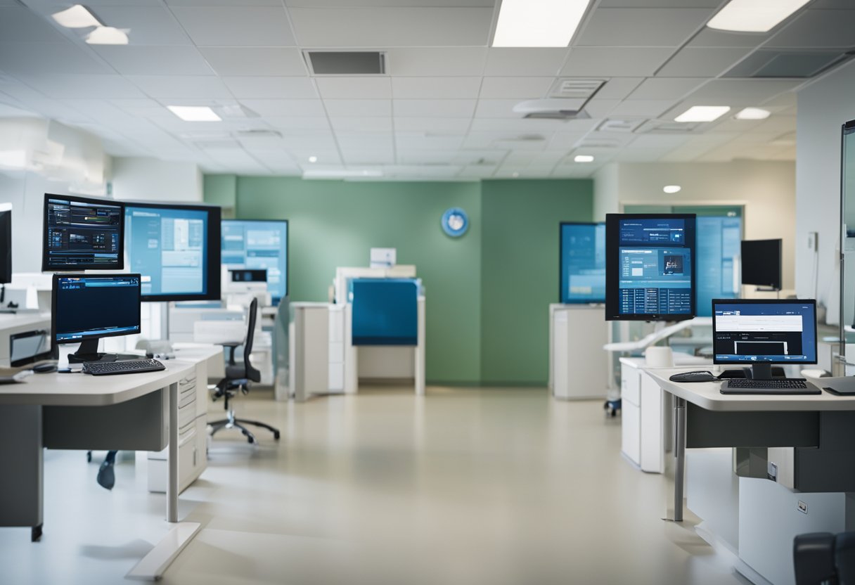 A modern hallway featuring computer screens placed on individual tables along both walls, showcasing information or advertisements.