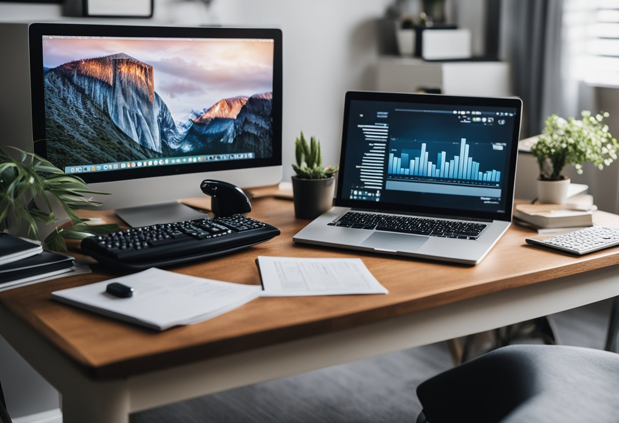 A workspace with two screens along with papers scattered on the table.