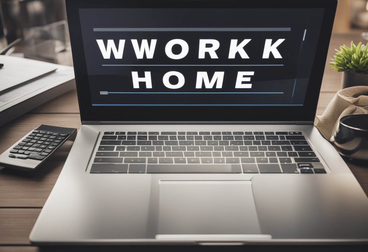 A laptop open on a desk which says "WORK HOME".