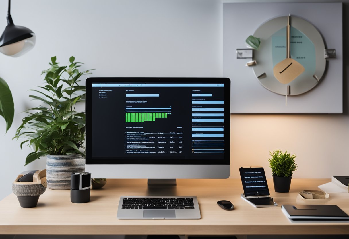 A screen showing some data along with keyboard , mouse and potted plants placed nearby.