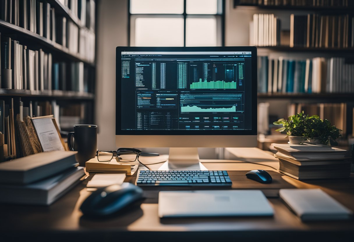 A computer screen showcasing cybersecurity data flanks a workspace with books, a mug, and bookshelves in the background.