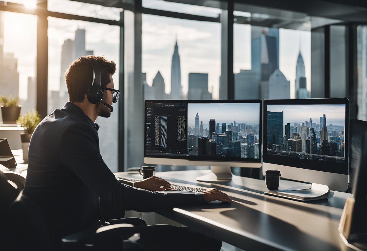 A person wearing a headset and working on multiple computer screens, with a city skyline in the background.