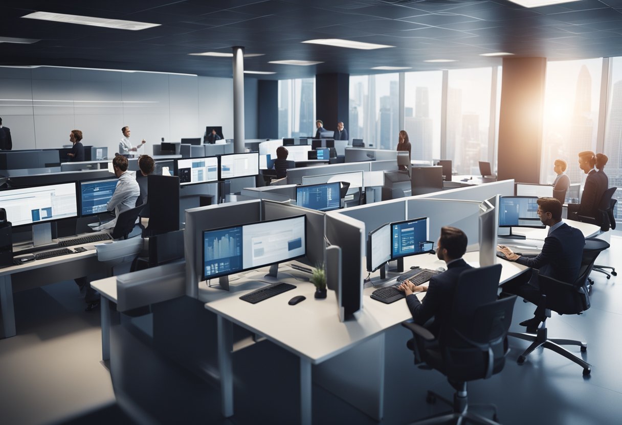 A well-organized workspace with rows of desks where employees are immersed in their work.