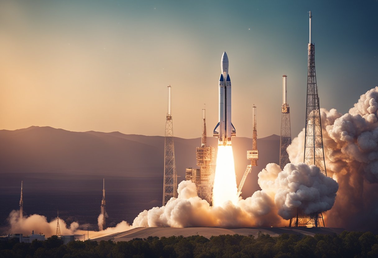 Rocket lifting off at dawn, surrounded by flames and smoke against a serene mountain backdrop.