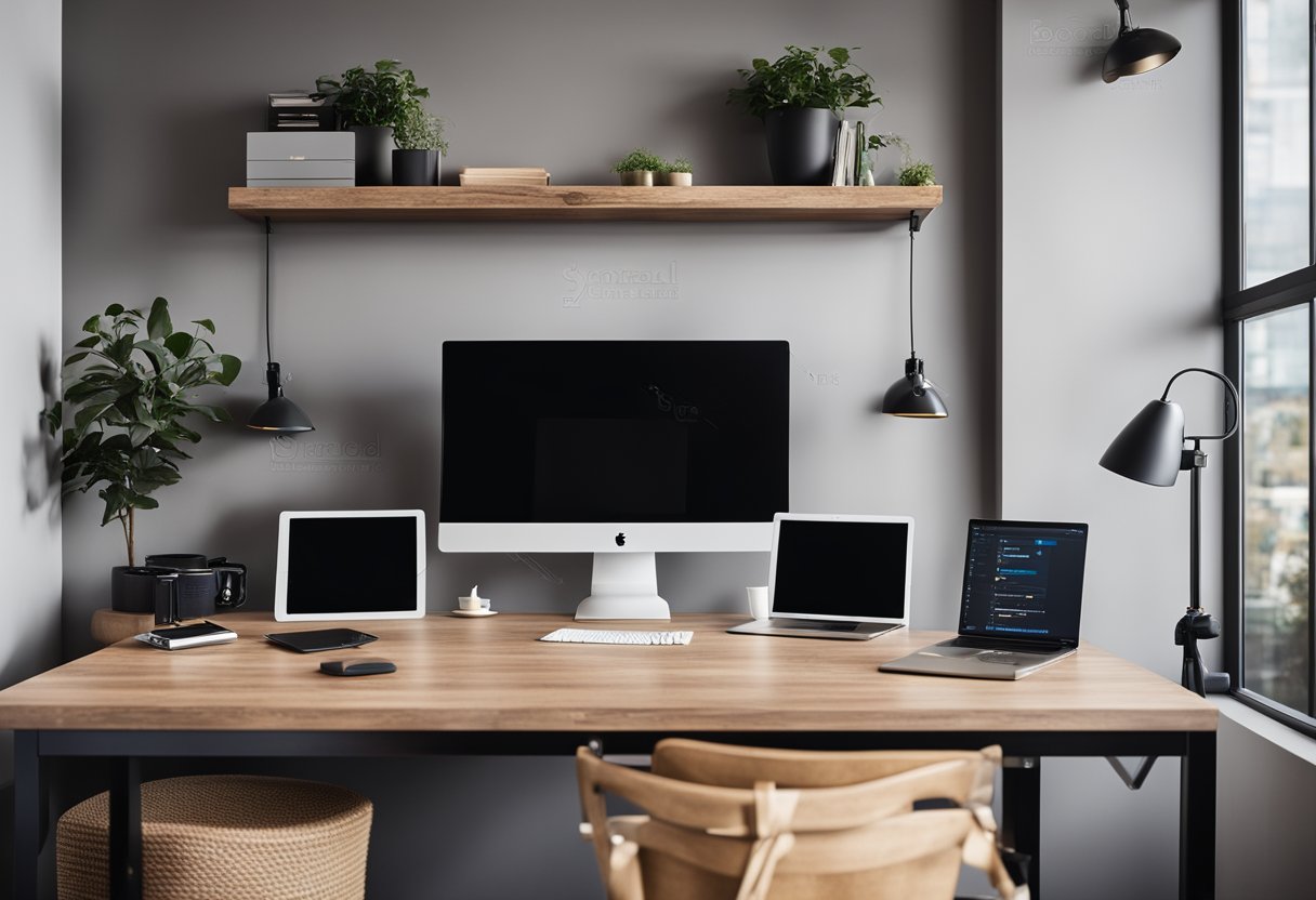 A cluttered workspace featuring a computer screen, multiple laptops, other electronic devices, a desk lamp, and shelves mounted on the wall.