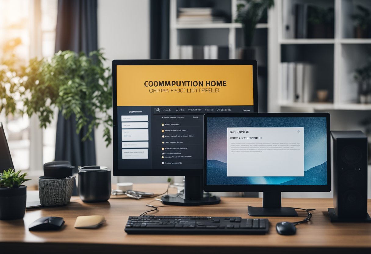 Two computer screen screens along with a keyboard and a mouse places on a desk, bookshelves in the background.