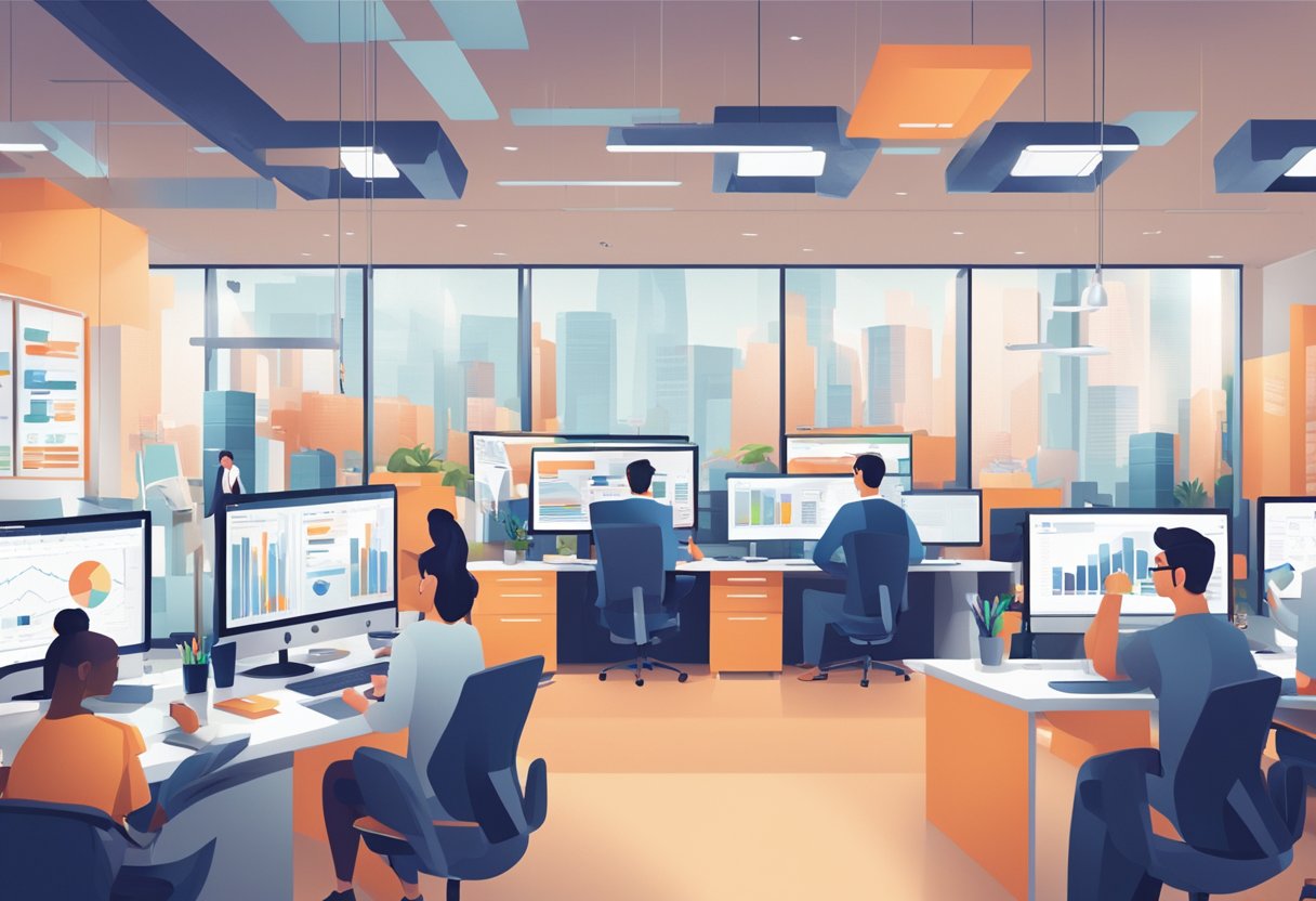 Illustration of a large office building floor filled with desks and people in professional attire working at computers. One wall is full of large windows looking out at a city.