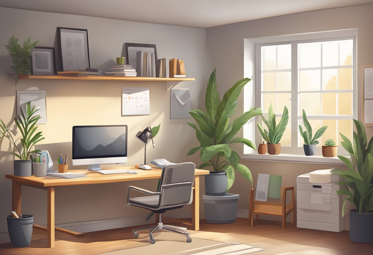 Illustration of an empty office with a desk, desktop, chair, printer and books.