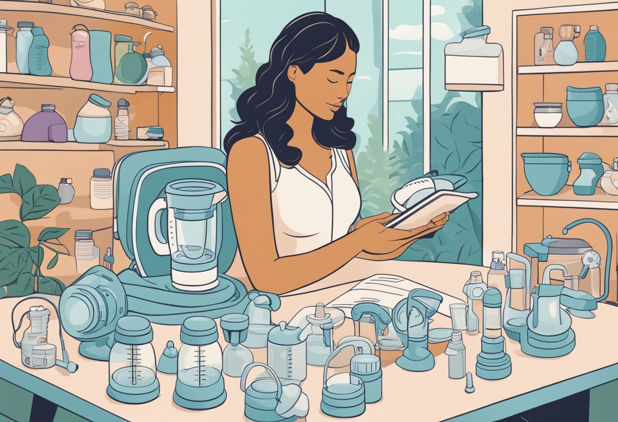 woman looking at a breast pump surrounded by parts of breast pump