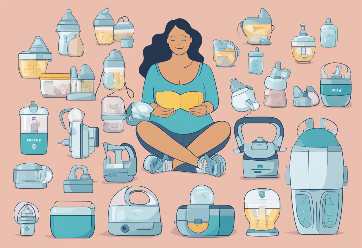 woman surrounded by different breast pumps on the background