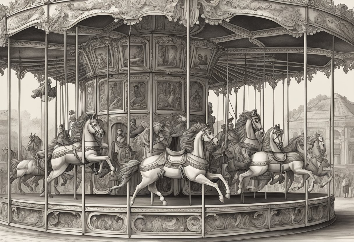 vintage art of a carousel, merry go round vs carousel
