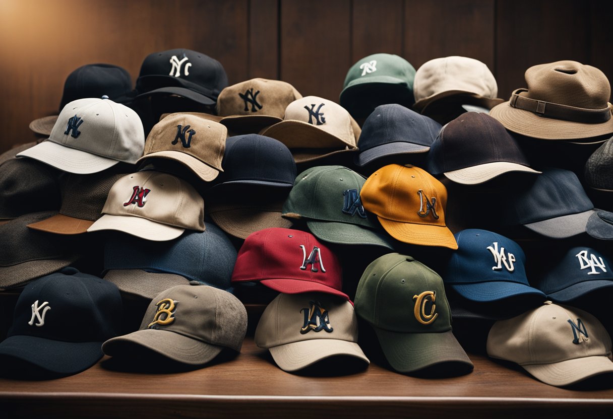 table full of old baseball hats
