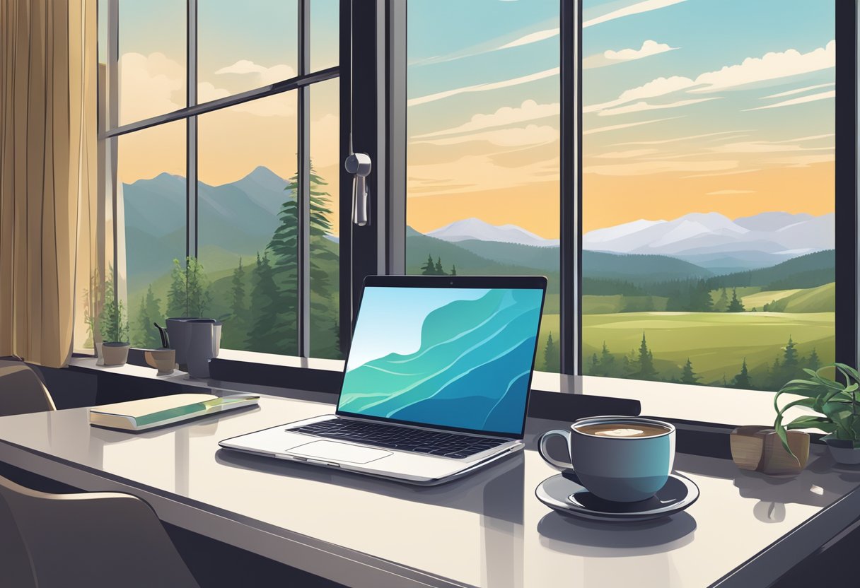 A laptop, cup of coffee and notebook at a desk with a grenery and mountainous view in the background