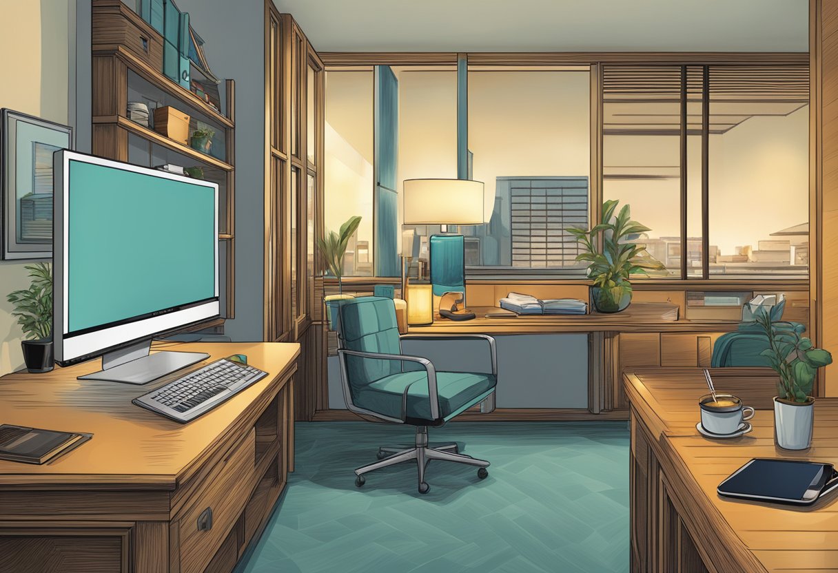 An office room with a computer and comfortable chair along with bookshelves and other essentials nearby.