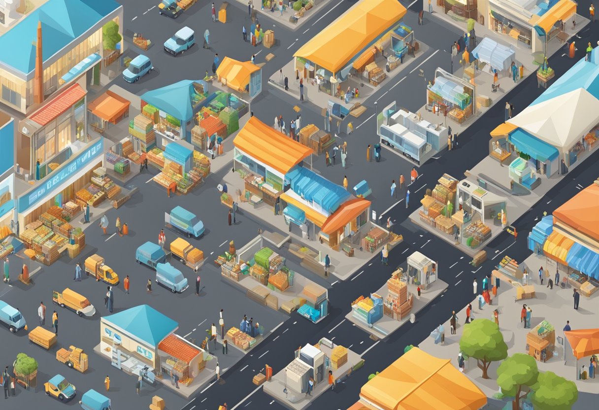 A street scene with a mix of vehicles, including buses and taxis, navigating traffic alongside pedestrians and small buikdings..