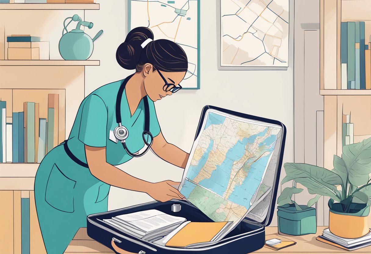 A nurse adjusting map on a breifcase.