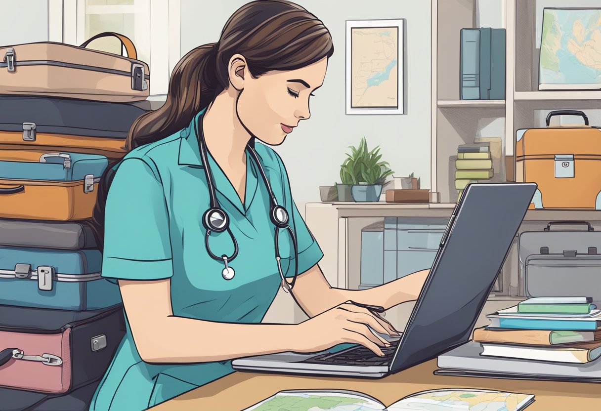 A nurse working on laptop with with briefcases stacked behind her..