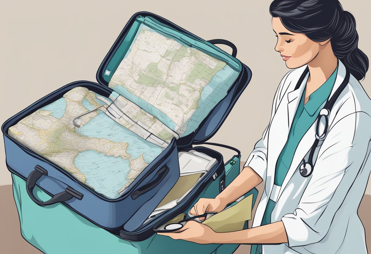 A nurse wearing labcoat packing her suitcase.