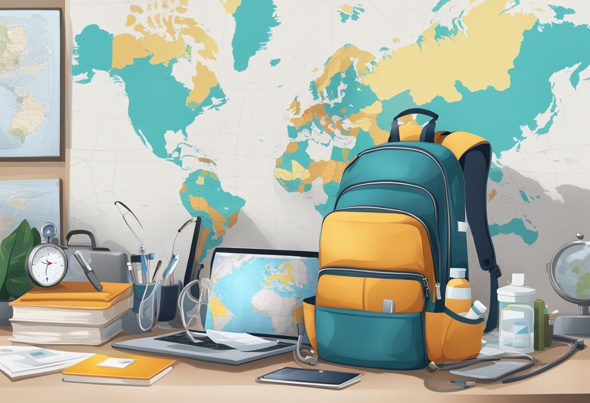 A backpack, laptop and iither travelling essentials placed on a table with world map in the background.