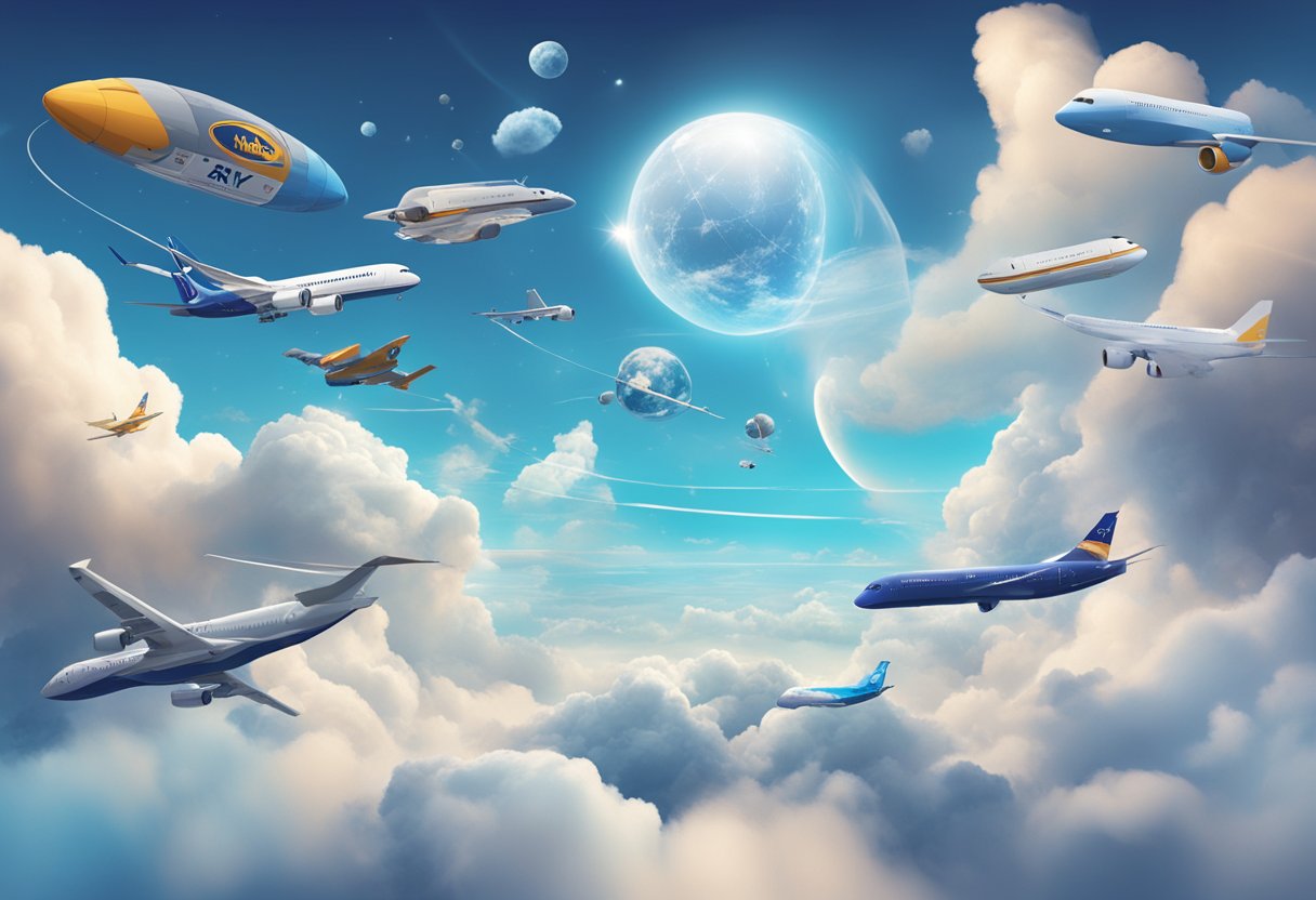 Different aircrafts flying in between puffy white clouds