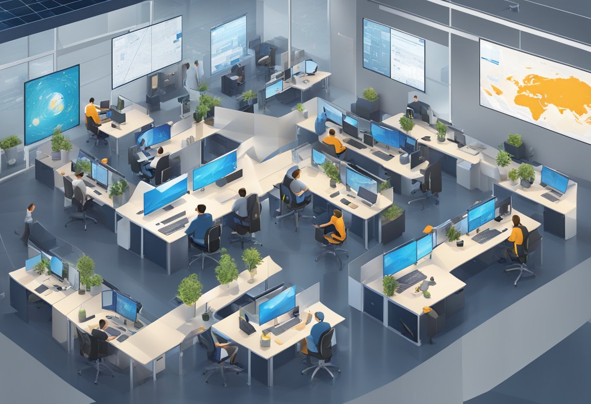 An office layout where workers are busy doing their task on every desk.