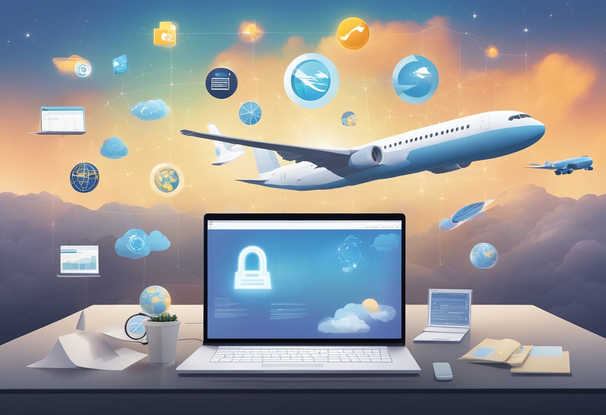 A laptop, with animated airplane and other icons encircling it.