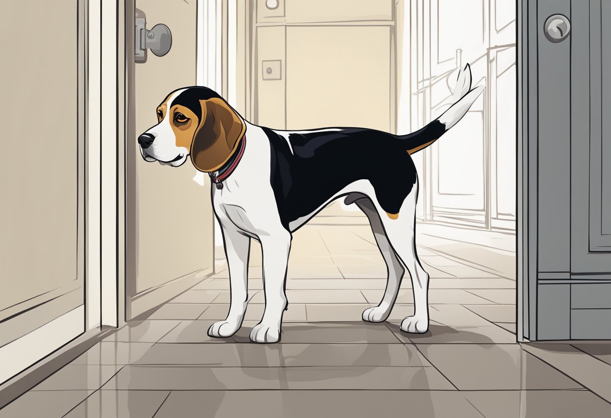 beagle standing next to the door