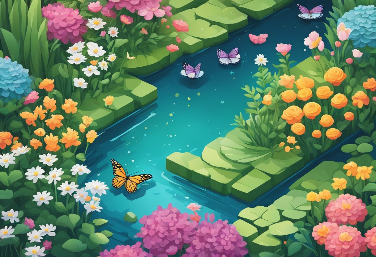 An isometric illustration of a lively garden