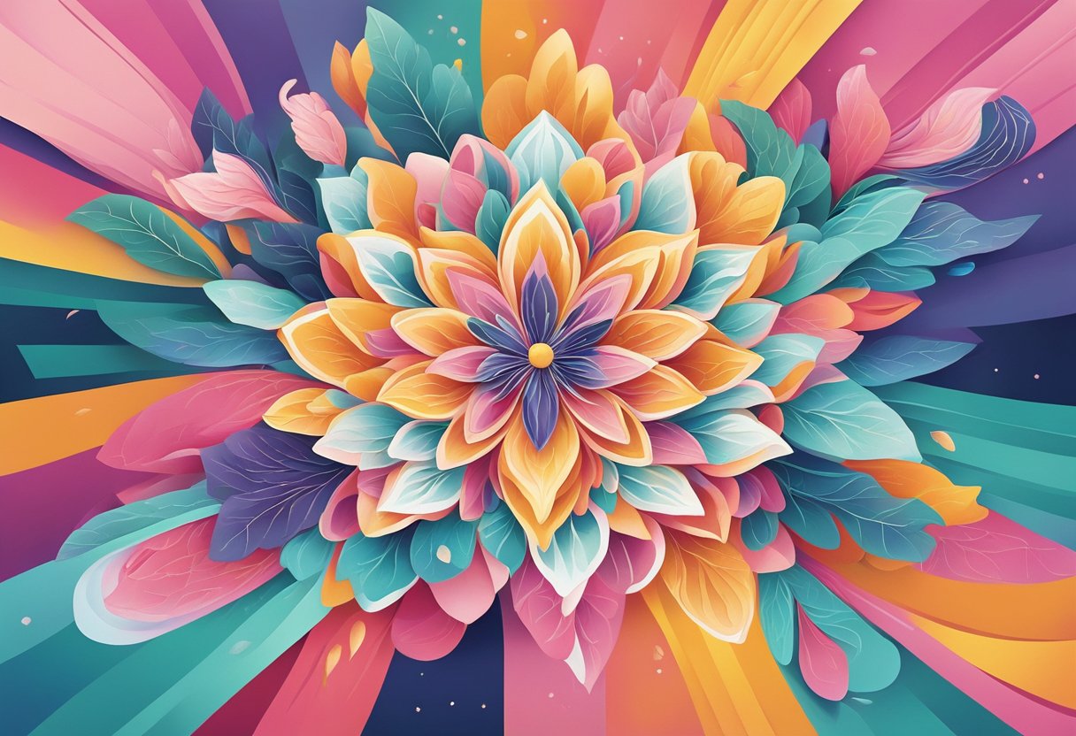 An isometric illustration of a multi colored flower with ribbons