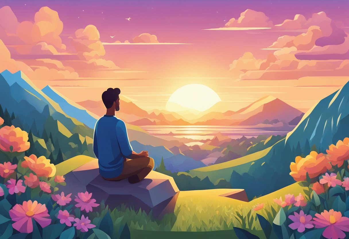 An isometric illustration of a man sitting on a rock overlooking a sunset.