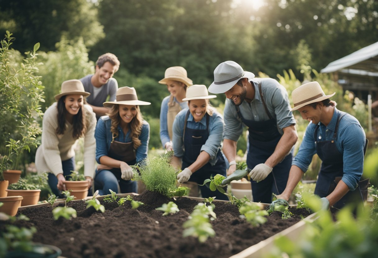 people working around homesteading garden