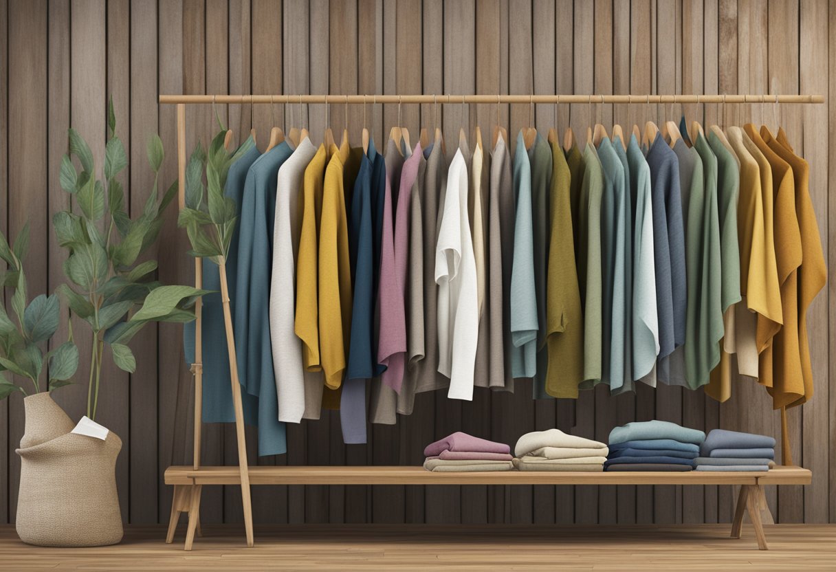 A colorful array of organic cotton, hemp, and recycled fabric garments hanging on a bamboo clothing rack. Eco-friendly accessories and natural dye samples displayed on a reclaimed wood table