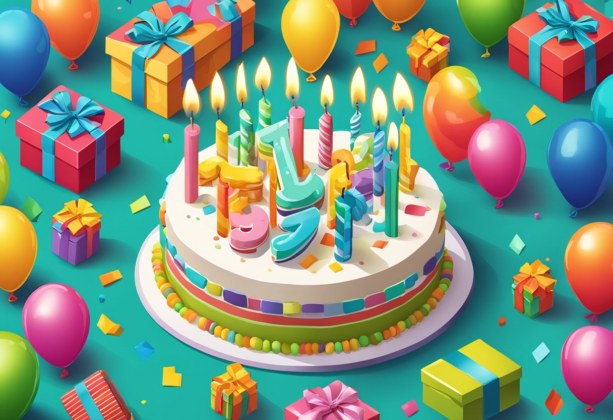 A colorful birthday cake with 9 candles, surrounded by balloons and presents, with a banner that reads "Happy 9th Birthday" in a cheerful and festive setting