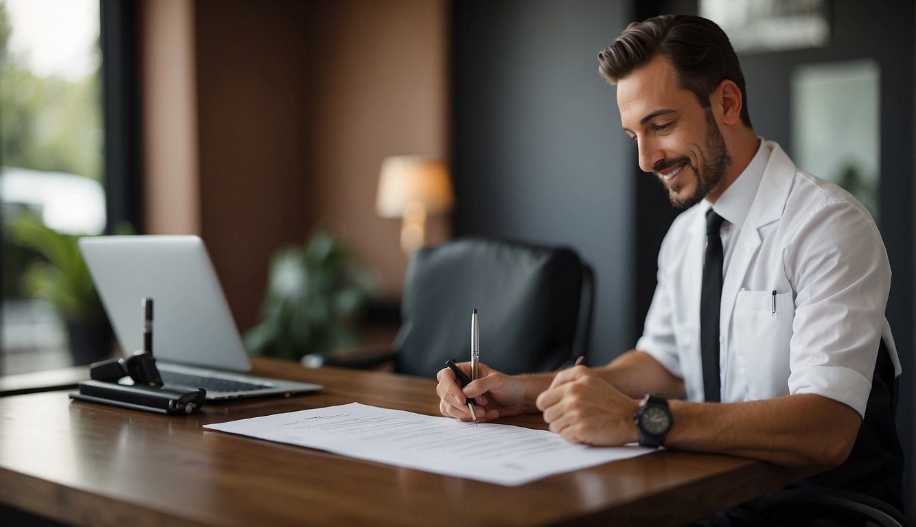 A client sitting in a comfortable chair, signing a consent form for lash extensions. A table with a pen and the form on it. A friendly technician nearby