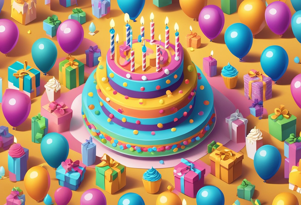 A colorful birthday cake with 10 candles, surrounded by presents and balloons, with a happy and excited atmosphere