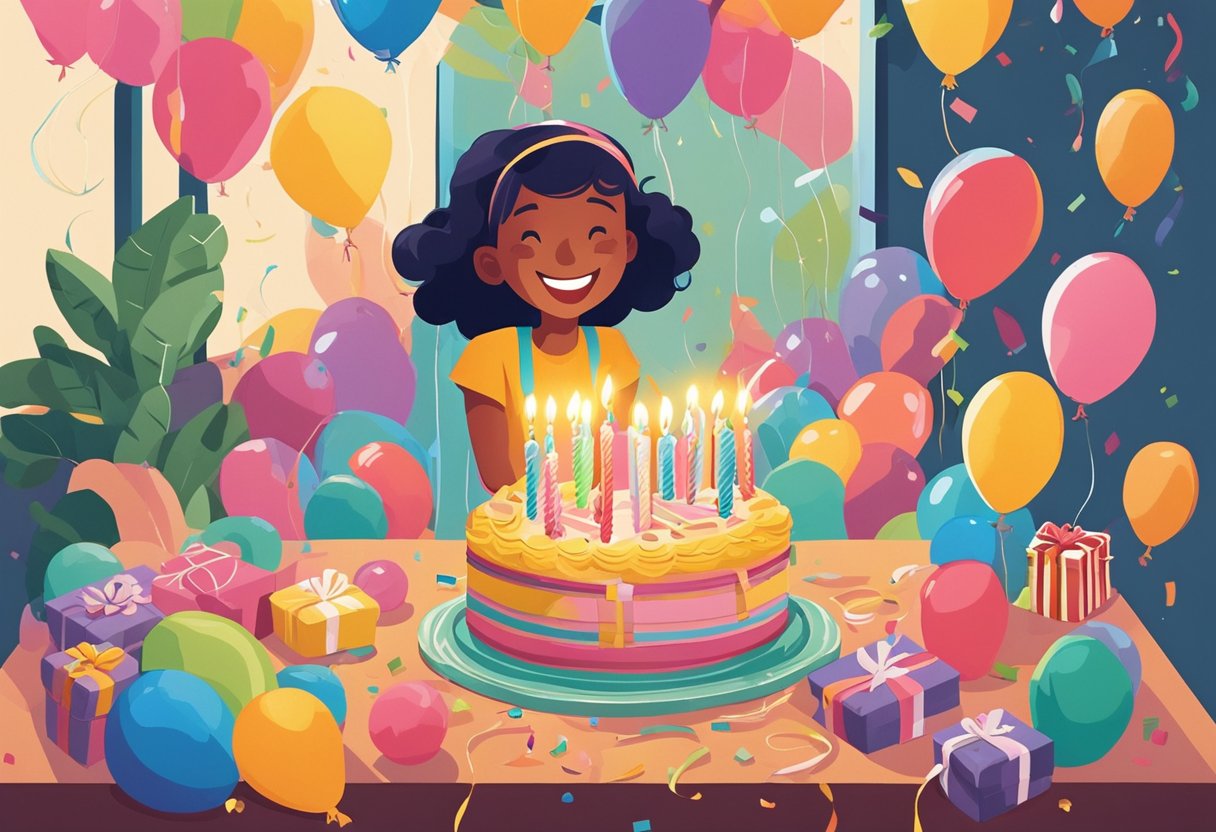 A young girl surrounded by colorful balloons, opening presents with a big smile on her face. A birthday cake with 10 candles sits on the table