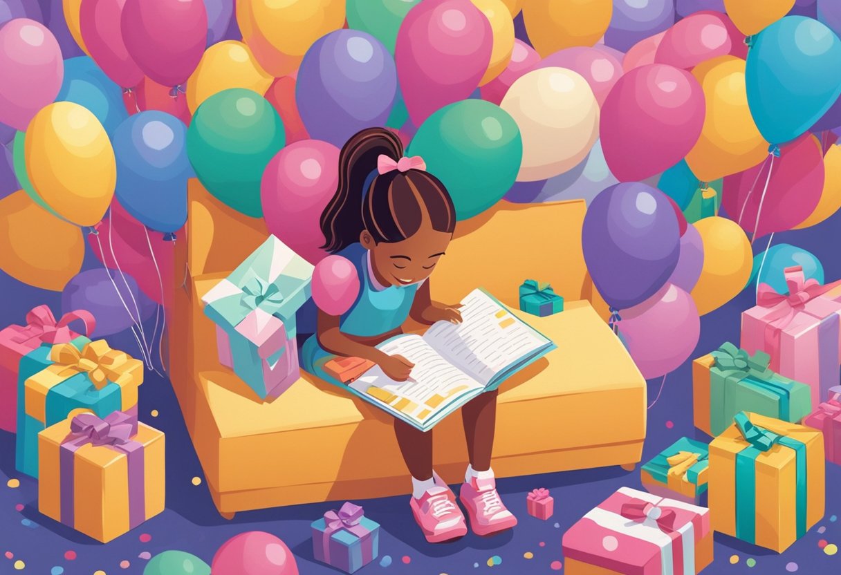A young girl surrounded by colorful balloons and presents, smiling as she reads a birthday card with a heartfelt quote for her 11th birthday
