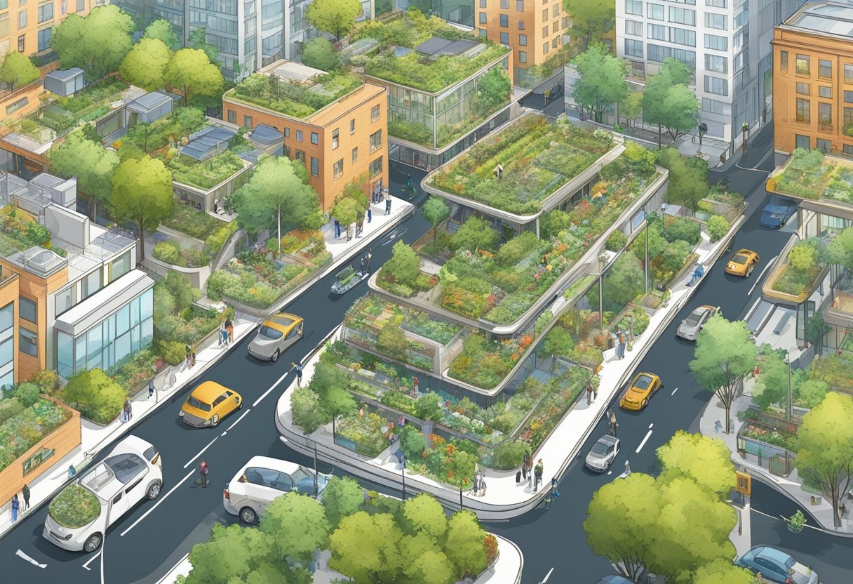 A bustling city with green rooftops, solar panels, and bike lanes. People recycle, use reusable bags, and tend to community gardens. Electric buses and car-sharing services reduce emissions