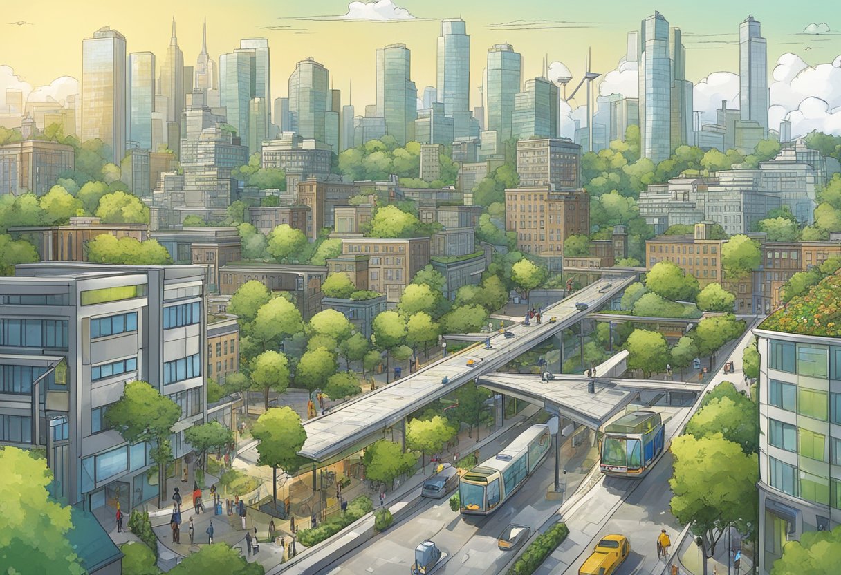 A bustling city skyline with green rooftops, solar panels, and wind turbines. Bike lanes and public transportation are prominent, and recycling bins are strategically placed throughout the urban landscape