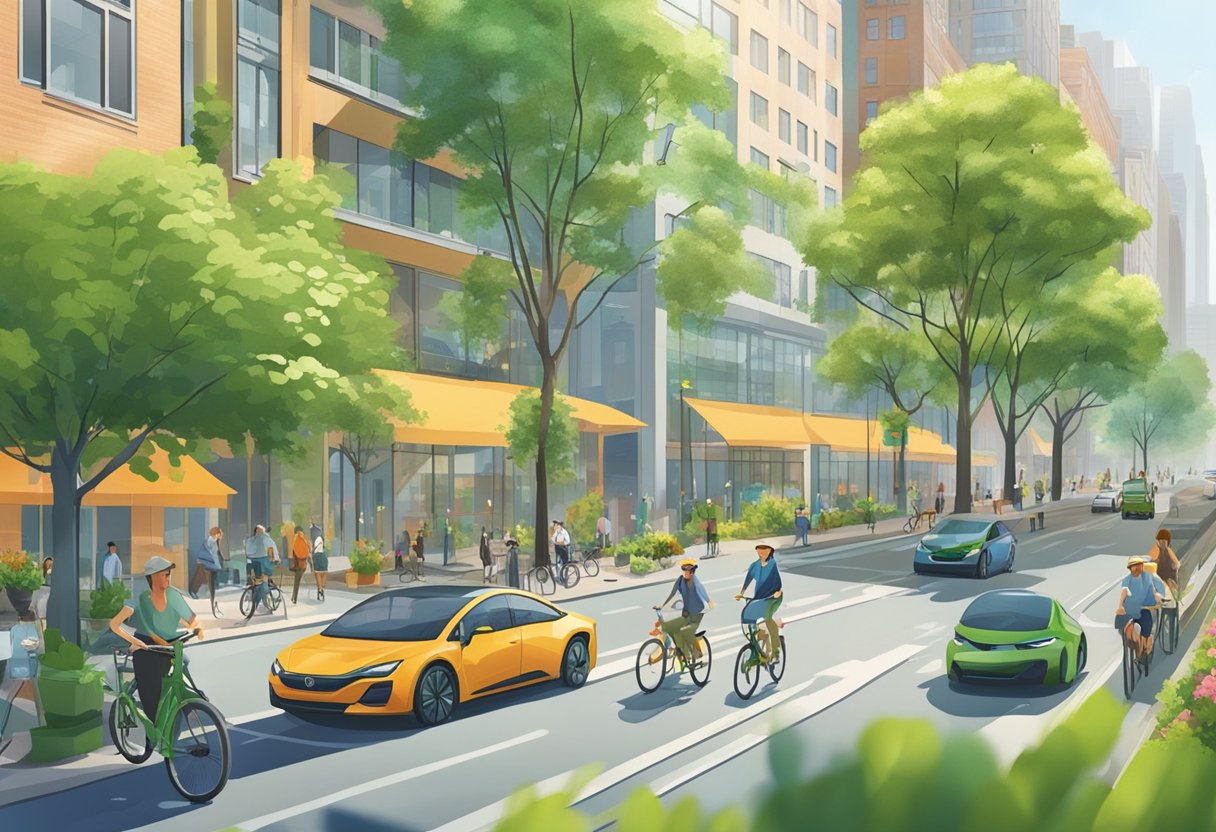 A bustling city with lush green parks, tree-lined streets, and modern eco-friendly buildings. Bicycles and electric cars navigate the clean, pedestrian-friendly environment