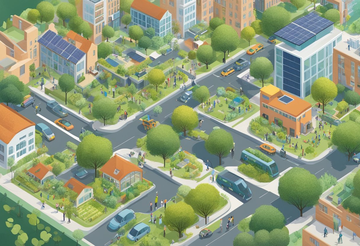 A bustling city with green spaces, bike lanes, and public transportation. People are seen recycling, using reusable items, and participating in community gardens. Solar panels and wind turbines are visible on buildings